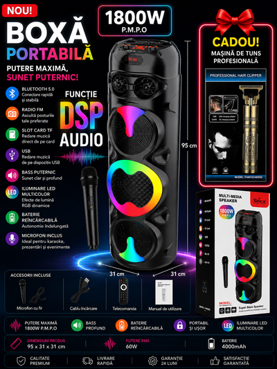 BOXA PORTABILĂ CU FUNCTIE DSP 1800W P.M.P.O +MASINA DE TUNS CADOU