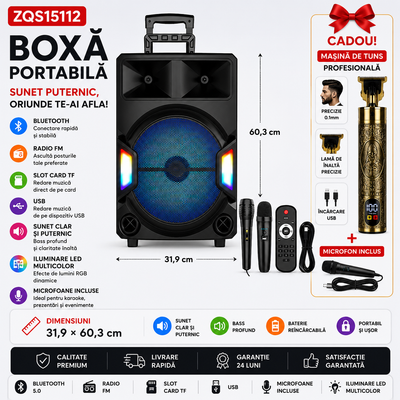 Boxă portabilă ZQS15112 cu 2 microfoane+ cadou mașina de tuns