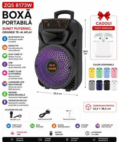 Boxă portabilă 8173W+căști cadou