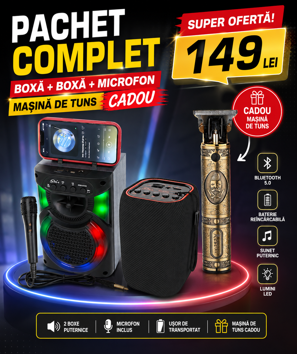 Pachet Promo 2 Boxe + Microfon + Mașină de Tuns CADOU – Doar 149 Lei!