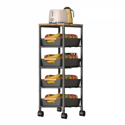 Suport slim portabil cu 5 nivele, 4 rafturi retractabile si 1 polita din MDF, rotativ 360°, 38 (L) x 23.5 (l) x 81.5 (H) cm, negru