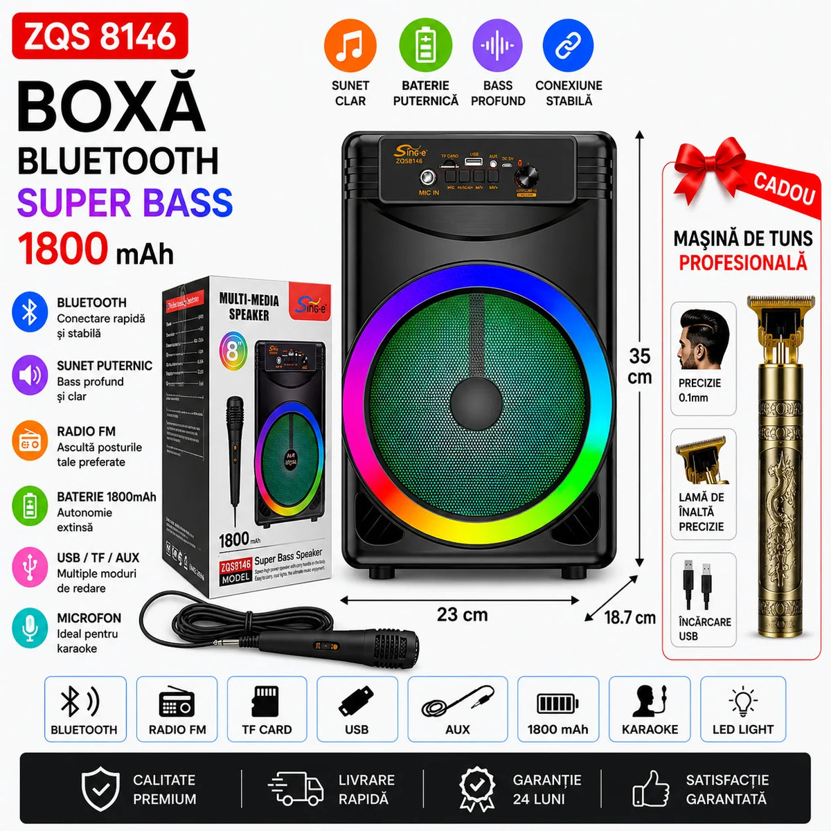 Boxa portabila ZQS8146 480W P.M.P.O USB BT AUX FM microfon mi