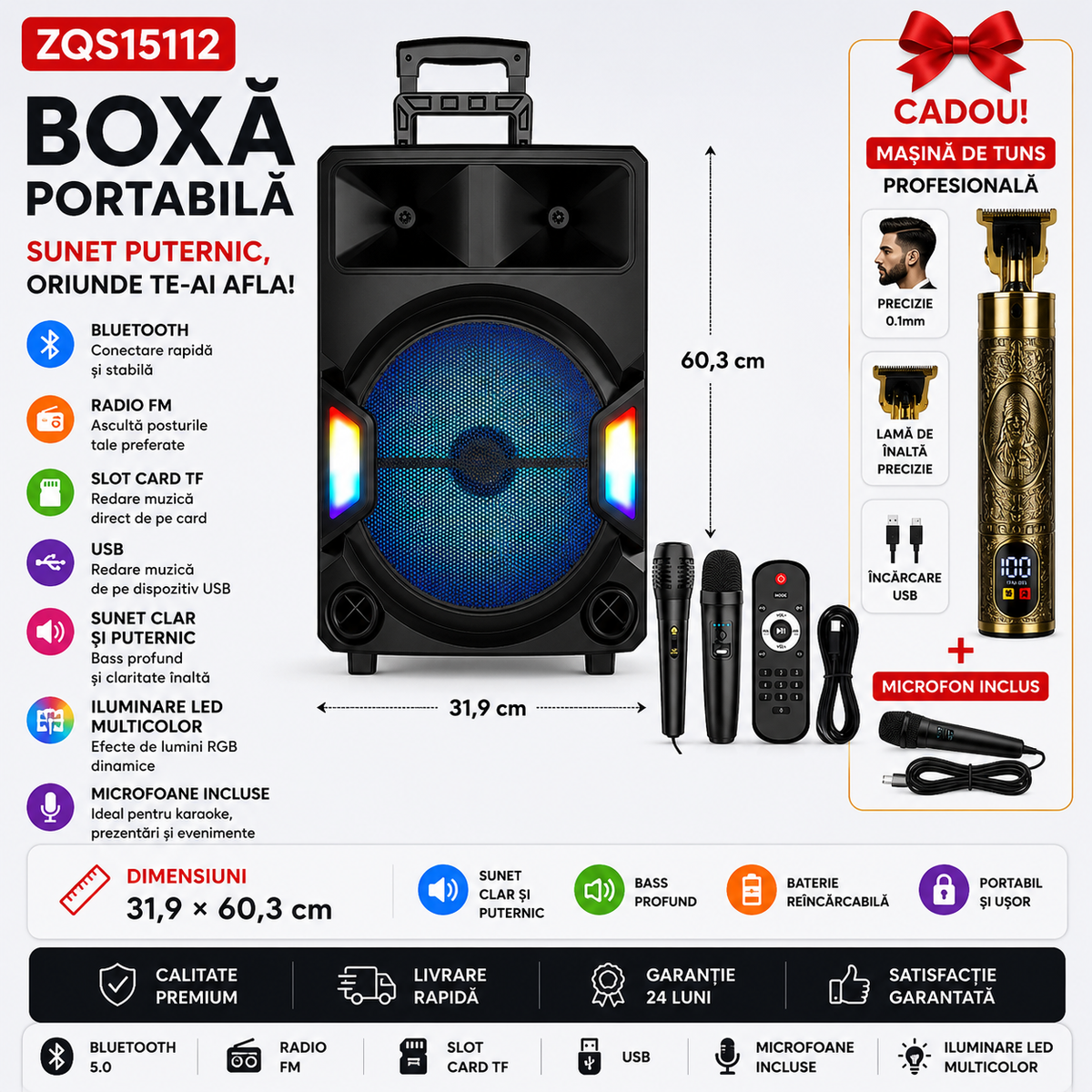 Boxă portabilă ZQS15112 cu 2 microfoane+ cadou mașina de tuns