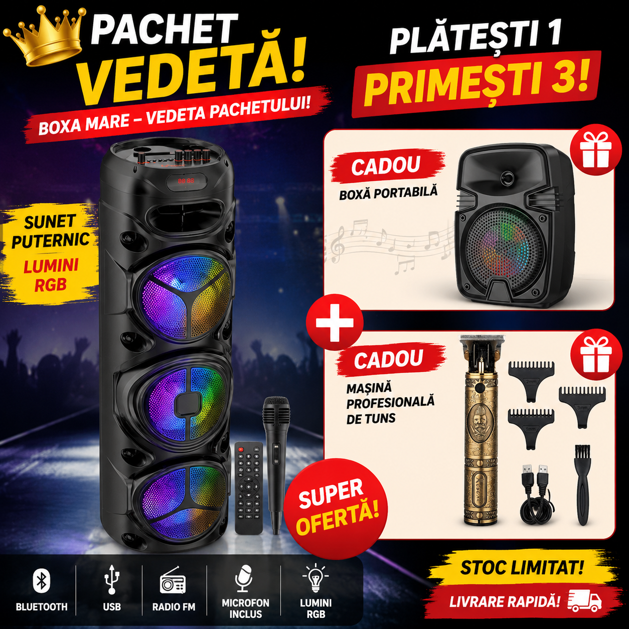 Boxa portabila Bluetooth cu 3 Difuzoare 1800W P.M.P.O mi de 8″ ZQS8301 Telecomanda si Microfon,95cm înălțime + MAȘINĂ DE TUNS CADOU