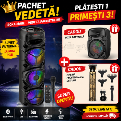 Boxa portabila Bluetooth cu 3 Difuzoare 1800W P.M.P.O mi de 8″ ZQS8301 Telecomanda si Microfon,95cm înălțime + MAȘINĂ DE TUNS CADOU