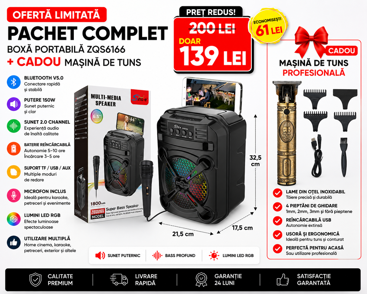 Boxă Bluetooth Portabilă ZQS 6165