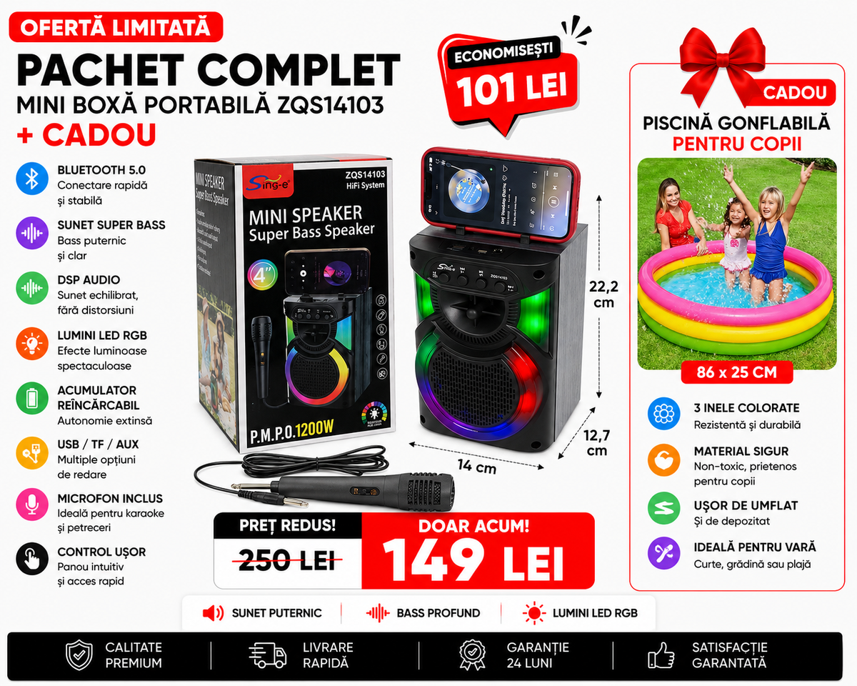 ZQS14103 – Difuzor Bluetooth Portabil+ CADOU PISCINĂ