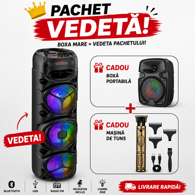 Boxa portabila Bluetooth cu 3 Difuzoare 1800W P.M.P.O mi de 8″ ZQS8301 Telecomanda si Microfon,95cm înălțime + MAȘINĂ DE TUNS CADOU