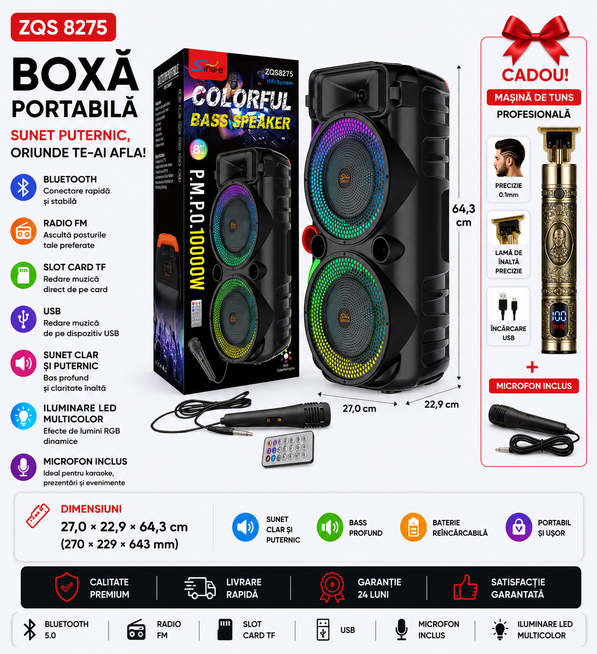 PACHET PROMOȚIONAL ZQS8276 1000W Boxă Multimedia cu Subwoofer, pentru Teatru Acasă,+ CADOU INCLUS
