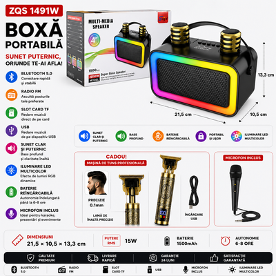 Sing-E ZQS-1491W – Boxă portabilă mini pentru karaoke, Bluetooth, difuzor de 4 inch, lumină RGB, cu 2 microfoane wireless