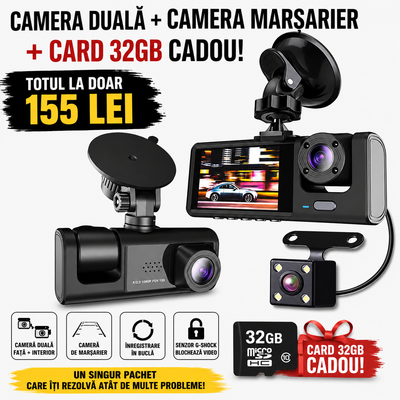 Camera Auto Triplă 3 Camere + Card 32GB CADOU | Față, Interior și Marșarier | Full HD | G-Sensor | Ecran 2” |